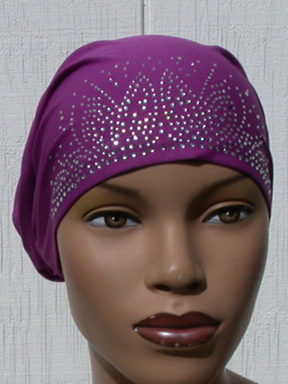 Violet Rhinestone Stretch Turban Slip On Sexy Chemo Cap Arab Hijab Undercap